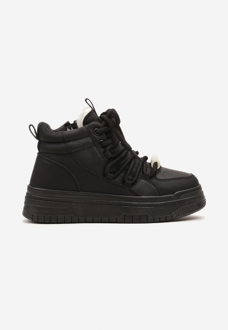 Czarne Sznurowane Sneakersy na Grubej Podeszwie z Tłoczeniem za Kostkę z Futerkiem Tamilda