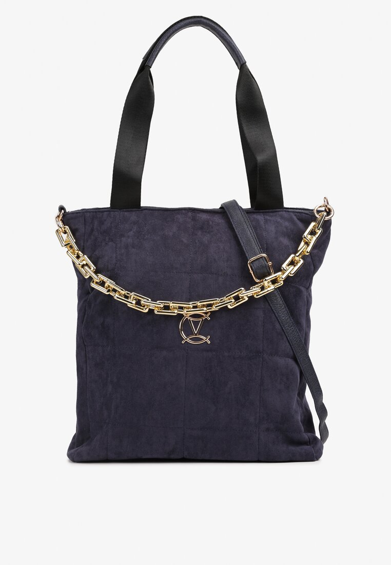 Granatowa Torebka Shopper z Imitacji Zamszu z Ozdobnym Łańcuszkiem Leannor