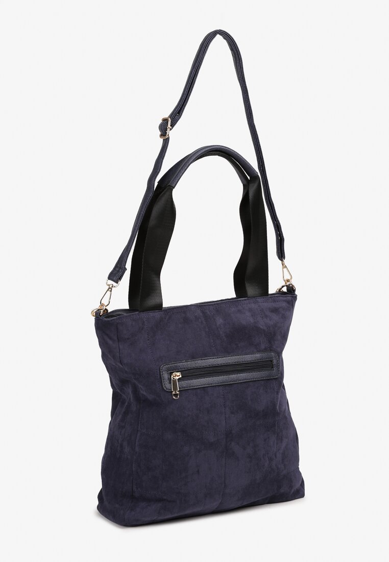 Granatowa Torebka Shopper z Imitacji Zamszu z Ozdobnym Łańcuszkiem Leannor