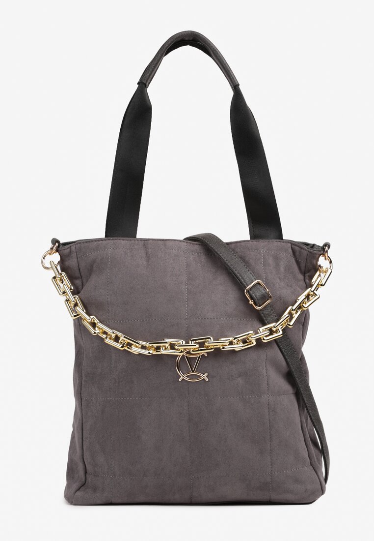 Szara Torebka Shopper z Imitacji Zamszu z Ozdobnym Łańcuszkiem Leannor