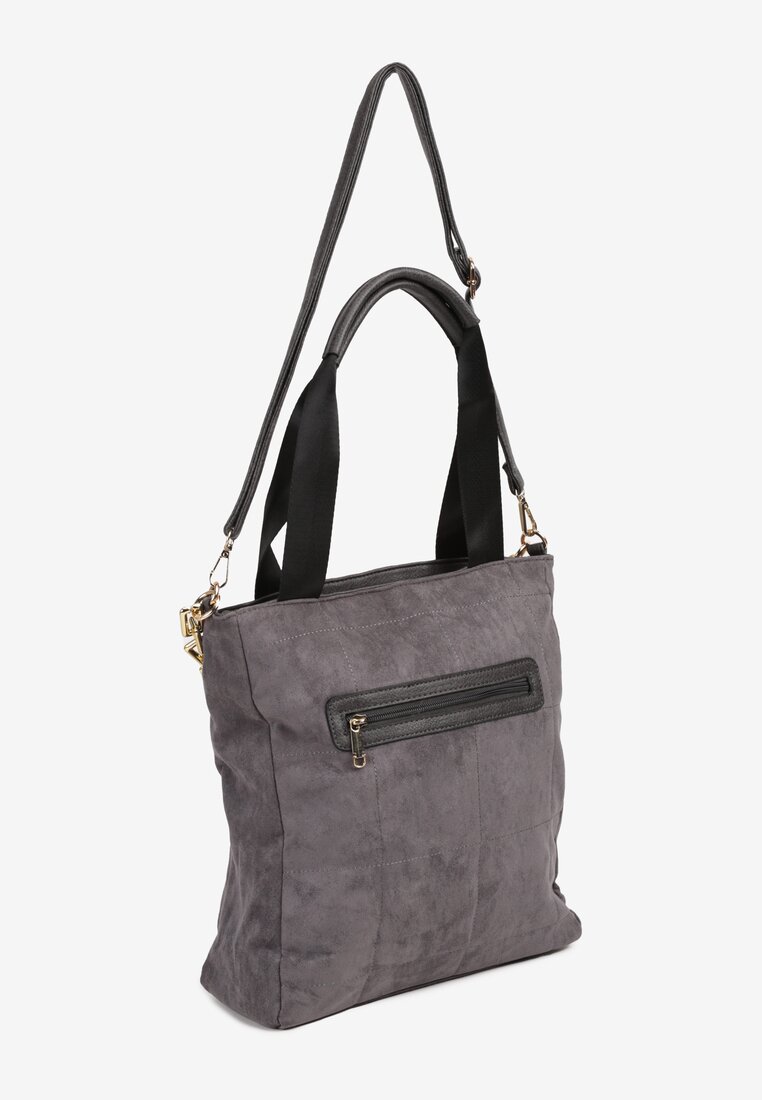 Szara Torebka Shopper z Imitacji Zamszu z Ozdobnym Łańcuszkiem Leannor