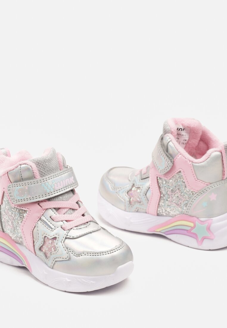 Srebrne Botki Sneakersy ze Świecącą Podeszwą Ozdobione Gwiazdkami i Brokatem Notavia