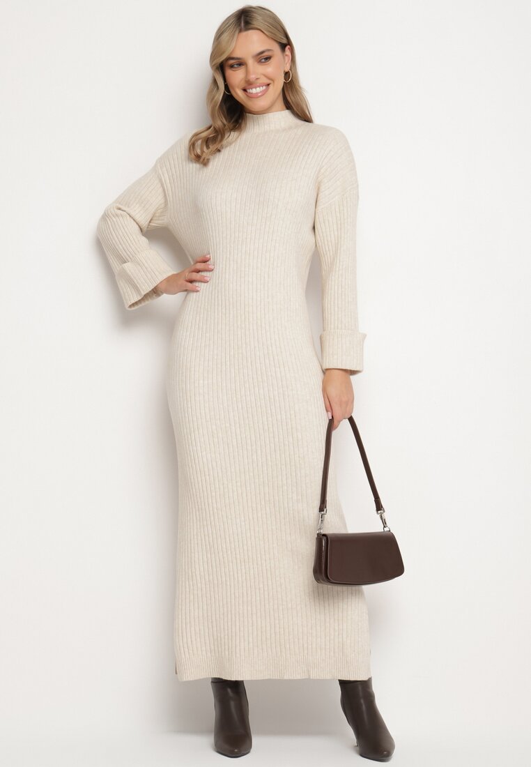 Beżowa Sweterkowa Sukienka z Wiskozą i Wywiniętymi Rękawami Gebiga