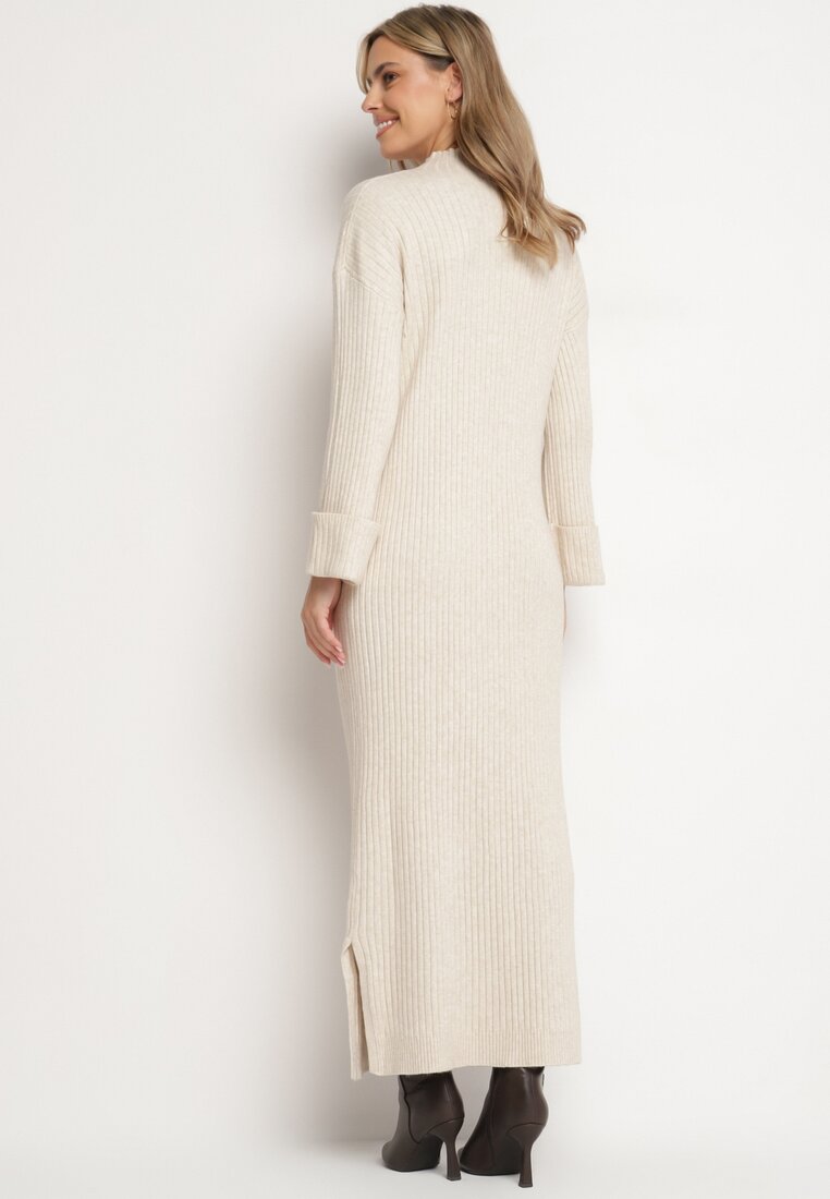 Beżowa Sweterkowa Sukienka z Wiskozą i Wywiniętymi Rękawami Gebiga