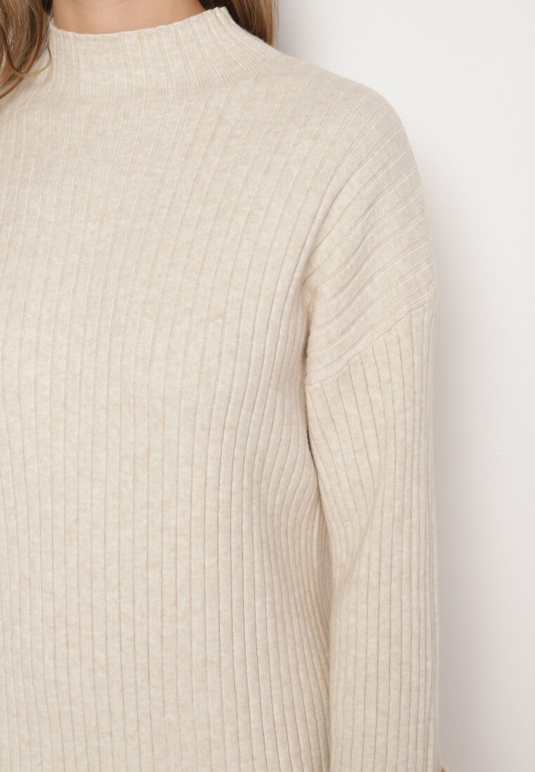 Beżowa Sweterkowa Sukienka z Wiskozą i Wywiniętymi Rękawami Gebiga