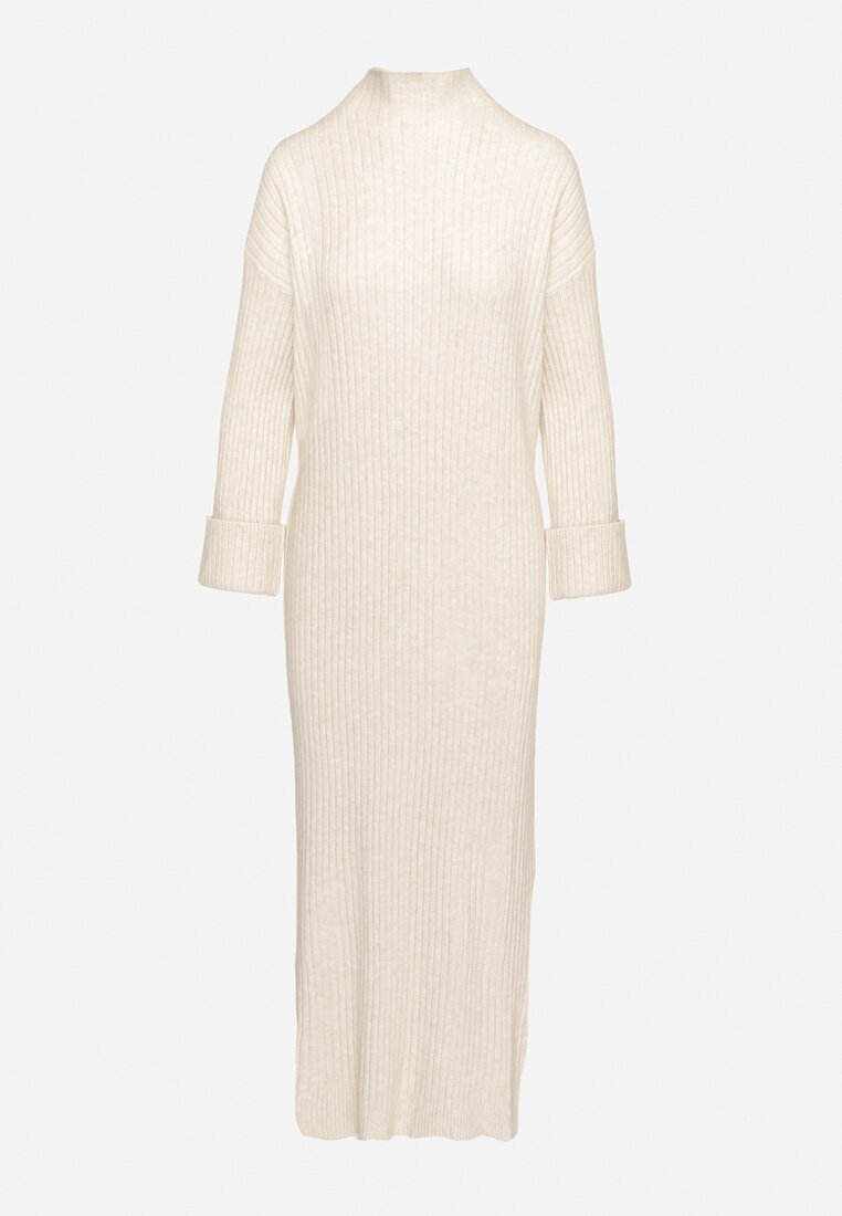 Beżowa Sweterkowa Sukienka z Wiskozą i Wywiniętymi Rękawami Gebiga