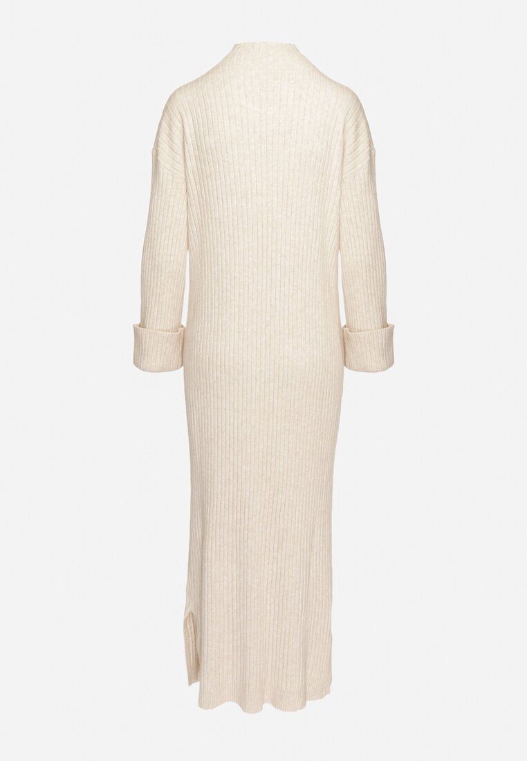Beżowa Sweterkowa Sukienka z Wiskozą i Wywiniętymi Rękawami Gebiga