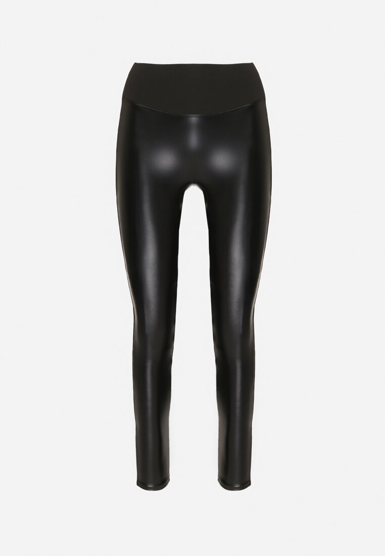 Czarne Ocieplane Legginsy High Waist z Imitacji Skóry z Bawełną Kevemi
