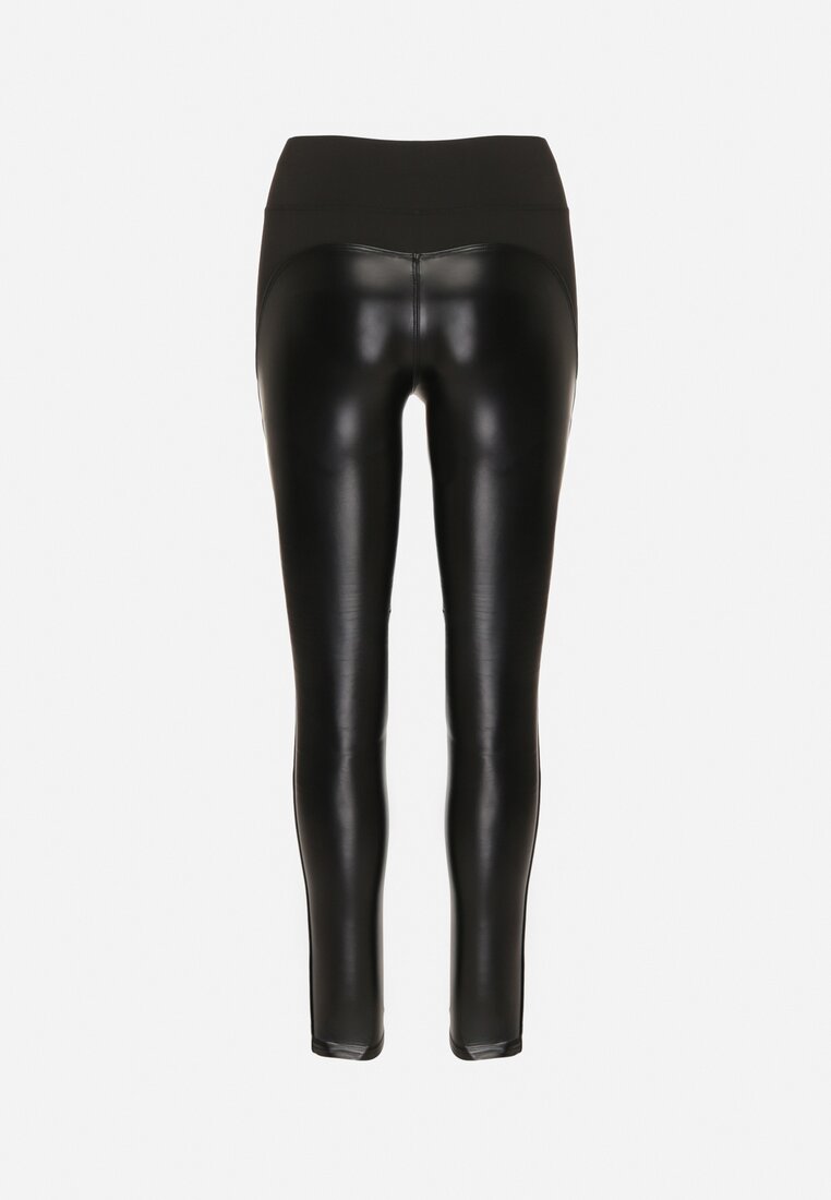 Czarne Ocieplane Legginsy High Waist z Imitacji Skóry z Bawełną Kevemi
