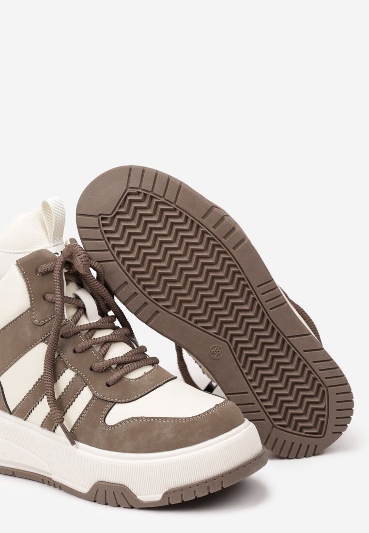 Beżowo-Brązowe Płaskie Ocieplane Sneakersy za Kostkę Ozdobione Paskami Norithraen