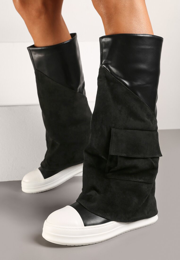 Czarne Kozaki w Stylu Trampek z Wywiniętą Cholewką z Imitacji Zamszu z Kieszonką Halemi