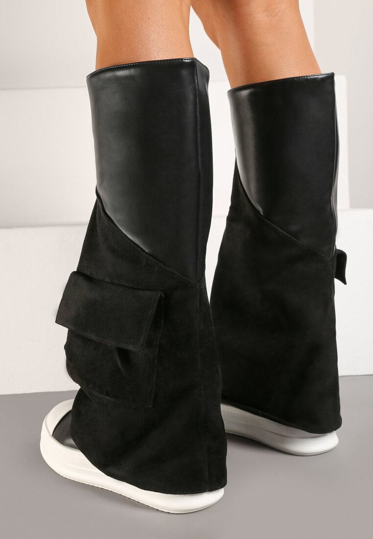 Czarne Kozaki w Stylu Trampek z Wywiniętą Cholewką z Imitacji Zamszu z Kieszonką Halemi