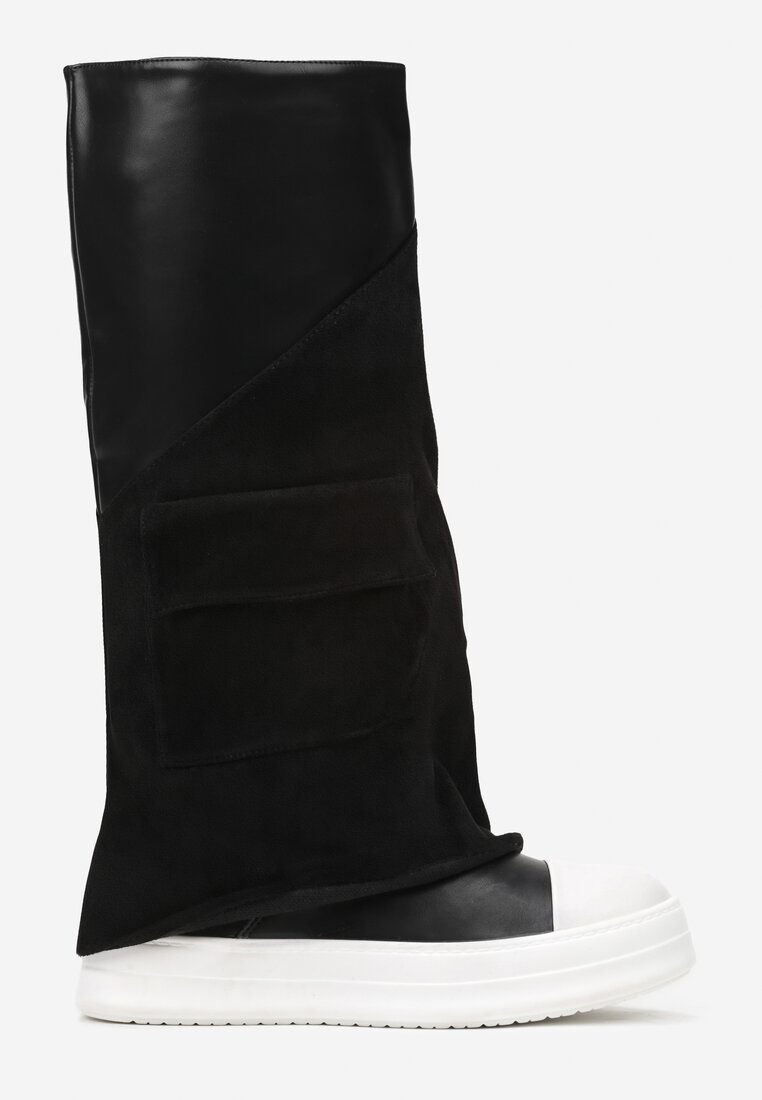 Czarne Kozaki w Stylu Trampek z Wywiniętą Cholewką z Imitacji Zamszu z Kieszonką Halemi