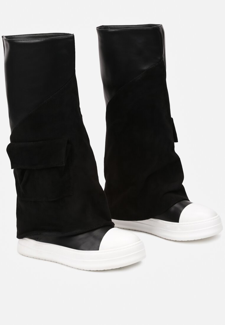 Czarne Kozaki w Stylu Trampek z Wywiniętą Cholewką z Imitacji Zamszu z Kieszonką Halemi