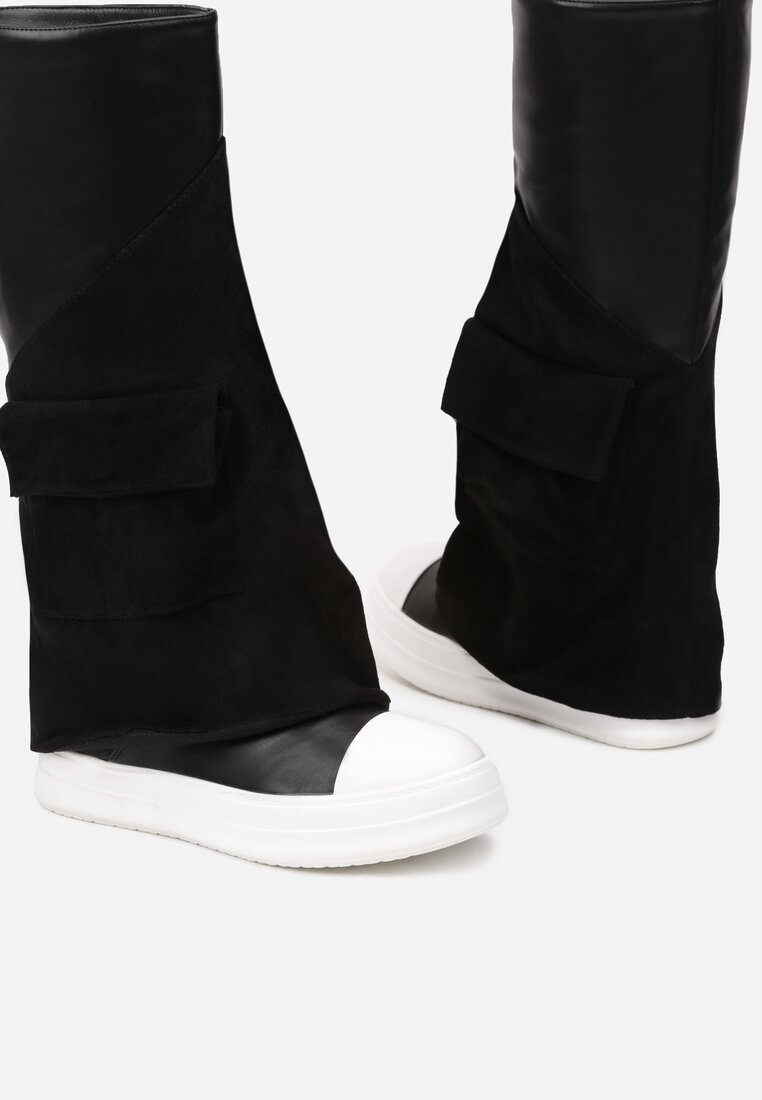 Czarne Kozaki w Stylu Trampek z Wywiniętą Cholewką z Imitacji Zamszu z Kieszonką Halemi