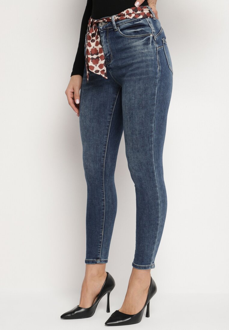 Niebieskie Jeansy Skinny Push Up z Wiązanym Paskiem Senamia