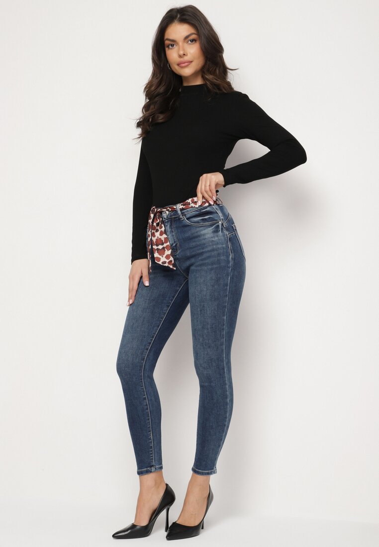 Niebieskie Jeansy Skinny Push Up z Wiązanym Paskiem Senamia