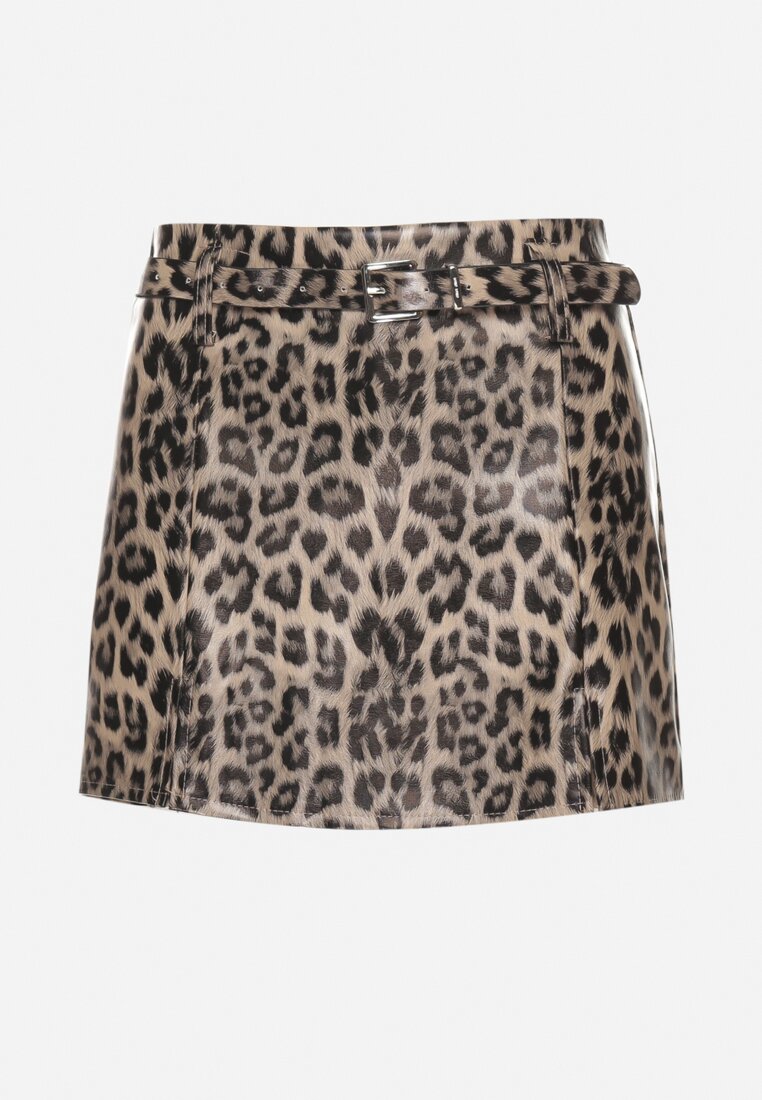 Brązowe Spódnico-Spodenki High Waist z Imitacji Skóry w Panterkę z Dodatkowym Paskiem Aveledi