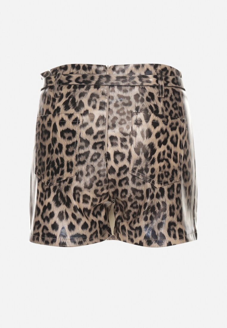Brązowe Spódnico-Spodenki High Waist z Imitacji Skóry w Panterkę z Dodatkowym Paskiem Aveledi