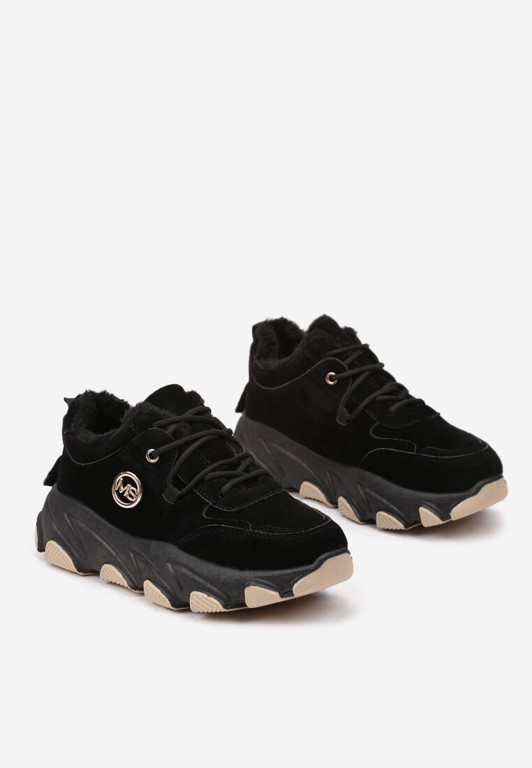 Czarne Sneakersy na Grubej Podeszwie Ozdobione Geometrycznym Wzorem Delannea
