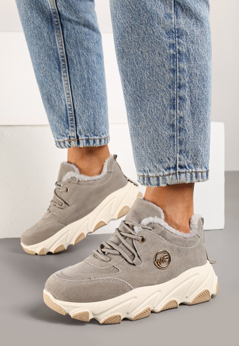 Szare Sneakersy na Grubej Podeszwie Ozdobione Geometrycznym Wzorem Delannea