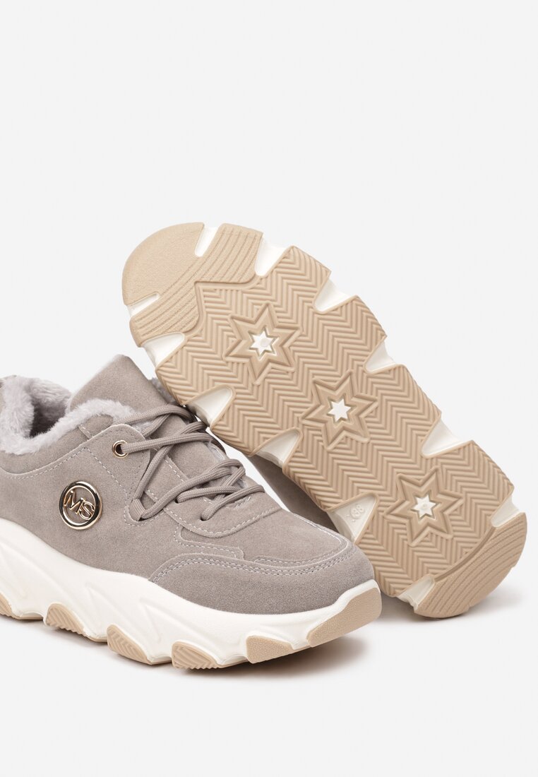 Szare Sneakersy na Grubej Podeszwie Ozdobione Geometrycznym Wzorem Delannea