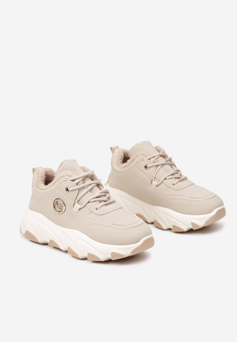 Beżowe Sneakersy na Grubej Podeszwie Ozdobione Geometrycznym Wzorem Delannea
