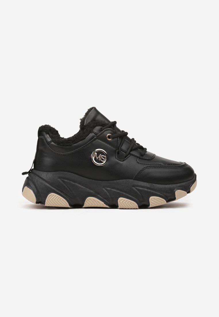Czarne Ocieplane Sneakersy na Grubej Podeszwie z Geometrycznym Wzorem i Aplikacją Delariana
