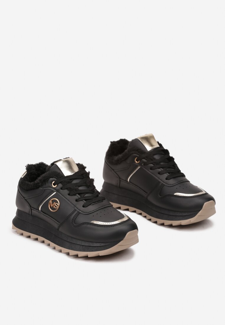 Czarne Sneakersy na Płaskiej Podeszwie z Metalicznymi Wstawkami i Ociepleniem Adelanna