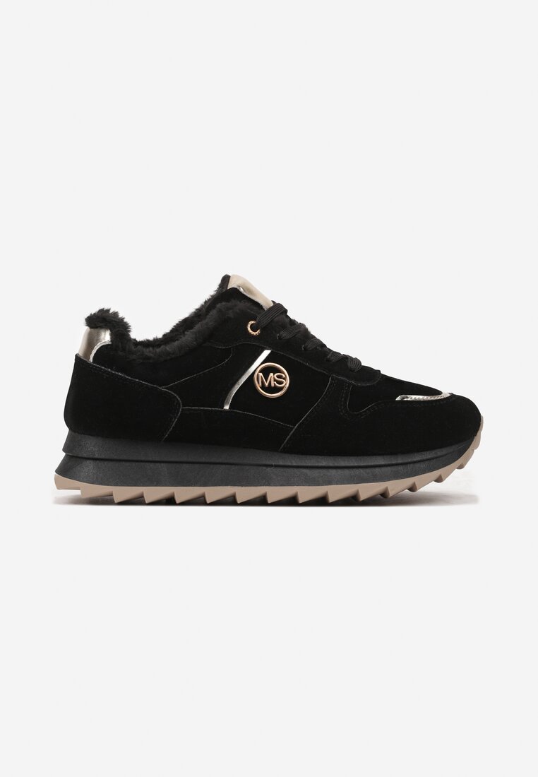 Czarne Płaskie Sznurowane Sneakersy Ocieplane Ozdobione Metalicznymi Aplikacjami Cyrirra