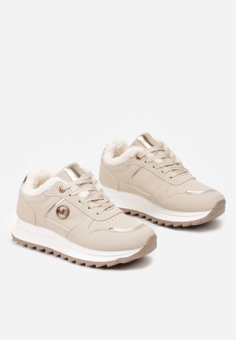 Beżowe Płaskie Sznurowane Sneakersy Ocieplane Ozdobione Metalicznymi Aplikacjami Cyrirra