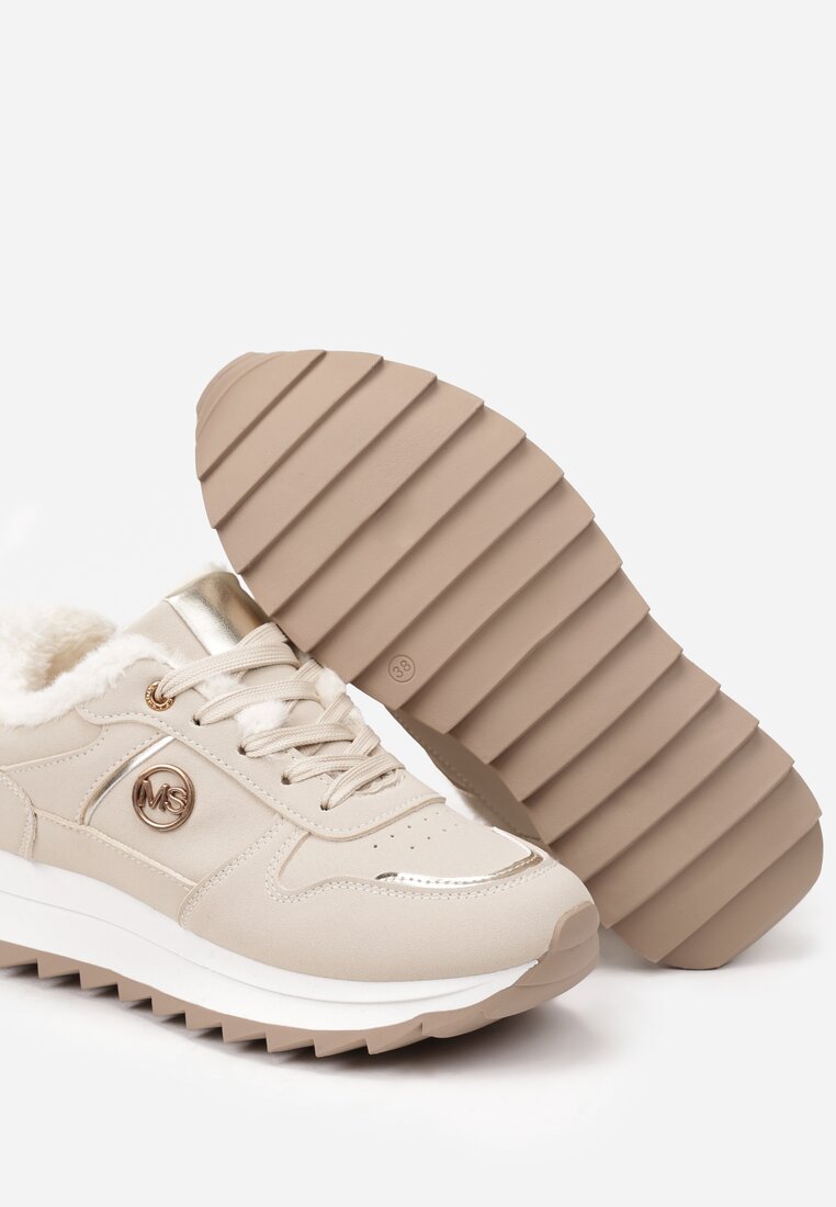 Beżowe Płaskie Sznurowane Sneakersy Ocieplane Ozdobione Metalicznymi Aplikacjami Cyrirra