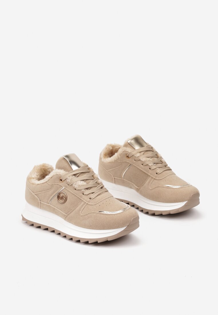 Ciemnobeżowe Płaskie Sznurowane Sneakersy Ocieplane Ozdobione Metalicznymi Aplikacjami Cyrirra