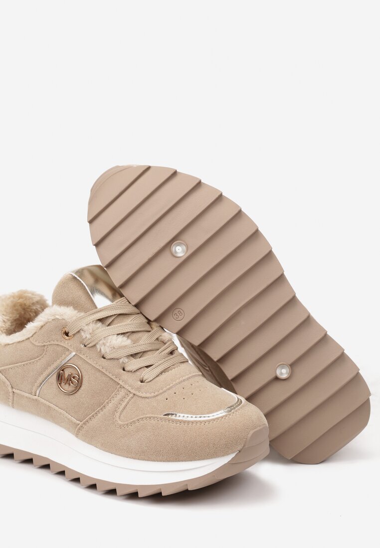 Ciemnobeżowe Płaskie Sznurowane Sneakersy Ocieplane Ozdobione Metalicznymi Aplikacjami Cyrirra