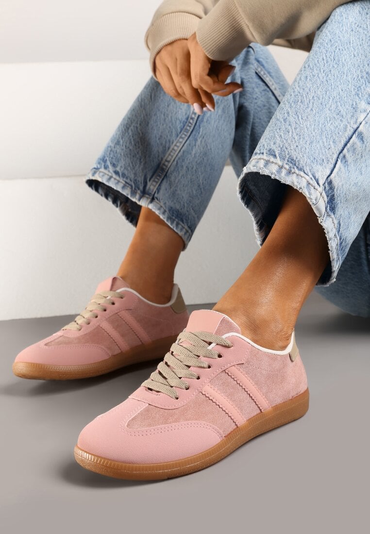 Różowe Sneakersy z Imitacji Zamszu na Płaskiej Podeszwie Memeriana