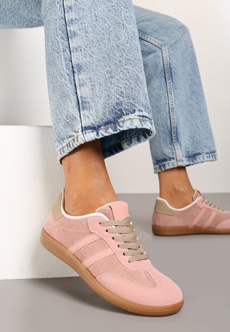 Różowe Sneakersy z Imitacji Zamszu na Płaskiej Podeszwie Memeriana