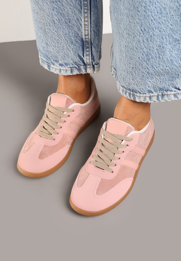 Różowe Sneakersy z Imitacji Zamszu na Płaskiej Podeszwie Memeriana