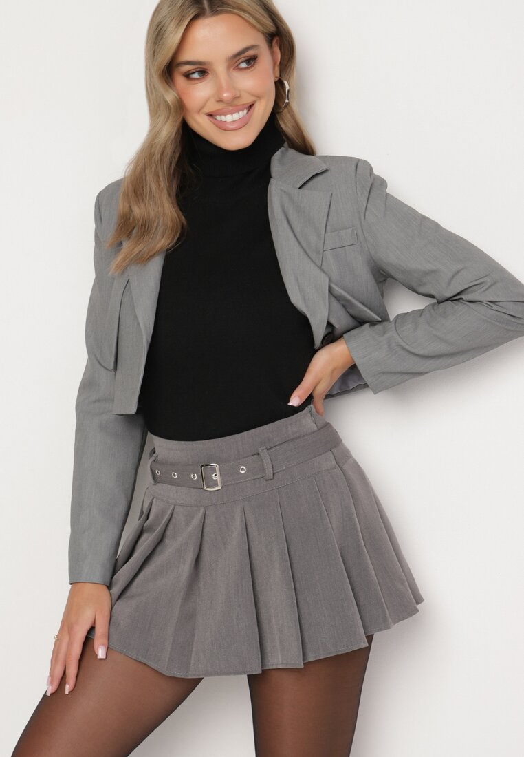 Ciemnoszare Szorty Spódnica w Stylu Preppy Plisowane z Niskim Stanem Rominita