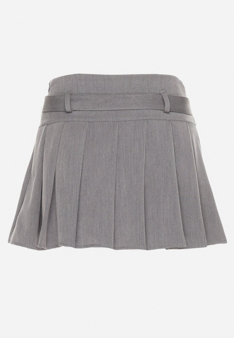 Ciemnoszare Szorty Spódnica w Stylu Preppy Plisowane z Niskim Stanem Rominita