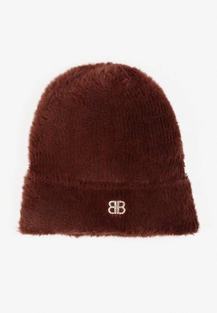 Brązowa Czapka Typu Beanie z Wełną i Wiskozą Ozdobiona Naszywką Borirra