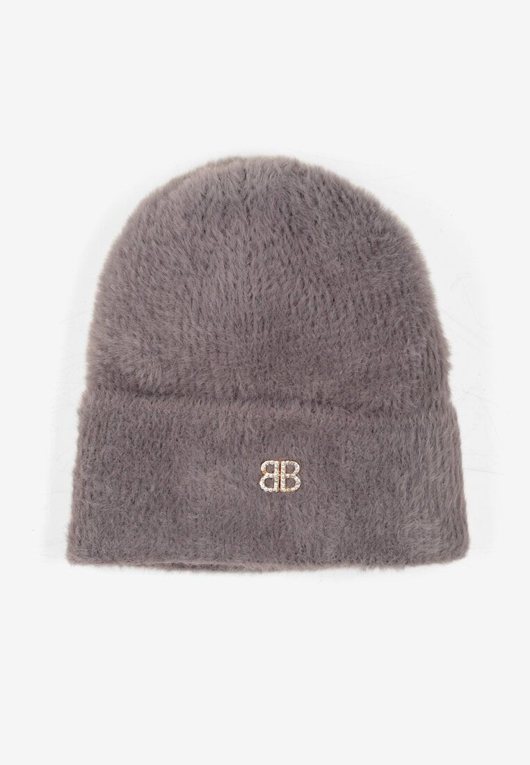 Szara Czapka Typu Beanie z Wełną i Wiskozą Ozdobiona Naszywką Borirra