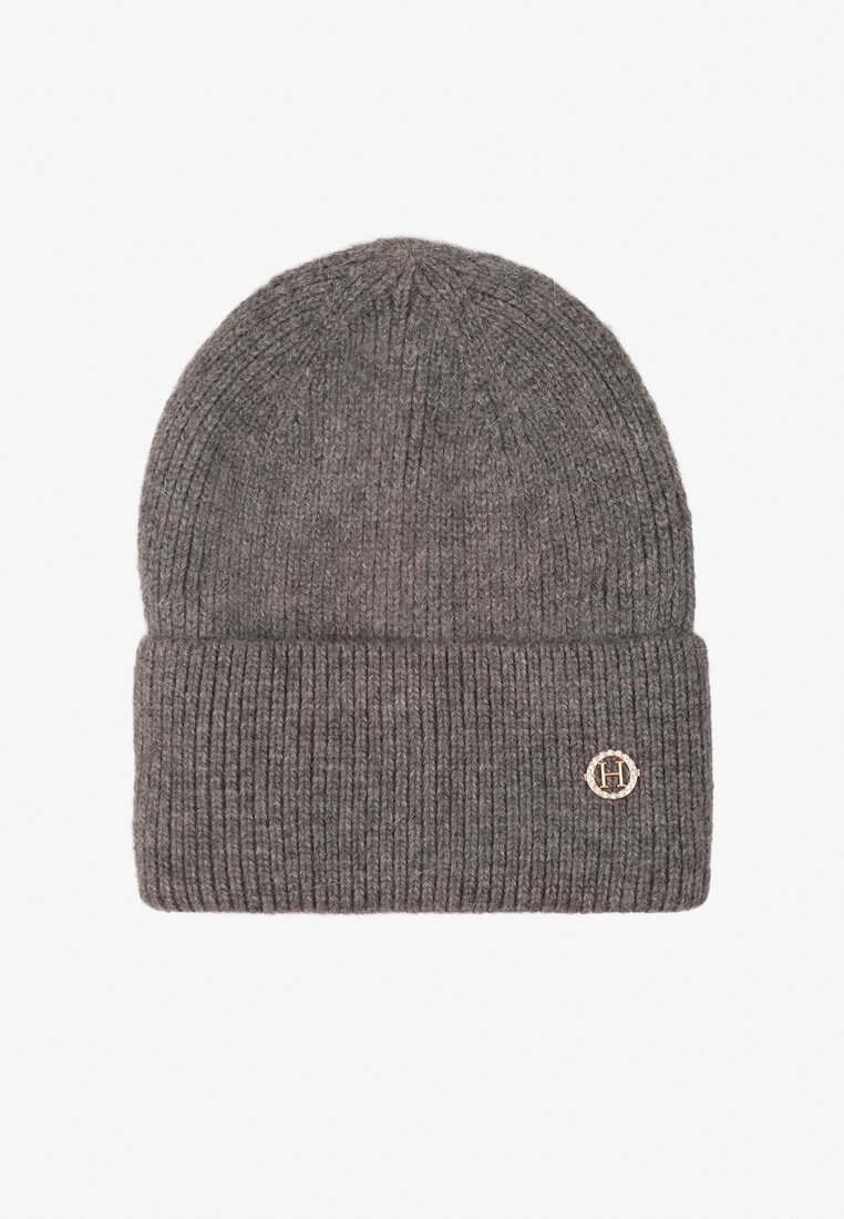 Szara Czapka z Angorą w Stylu Beanie Ozdobiona Aplikacją Delarielis