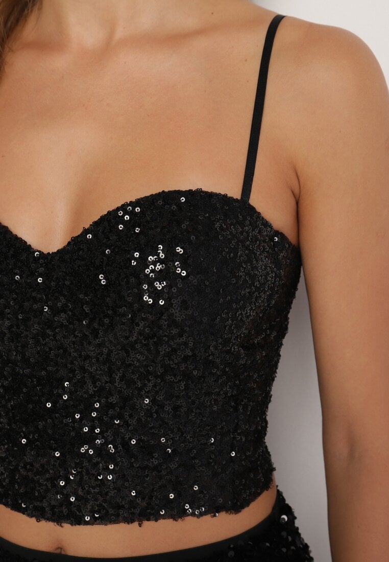 Czarny Top na Ramiączkach z Dekoltem w Kształcie Serca Zdobiony Cekinami Senelle