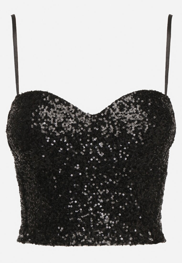 Czarny Top na Ramiączkach z Dekoltem w Kształcie Serca Zdobiony Cekinami Senelle