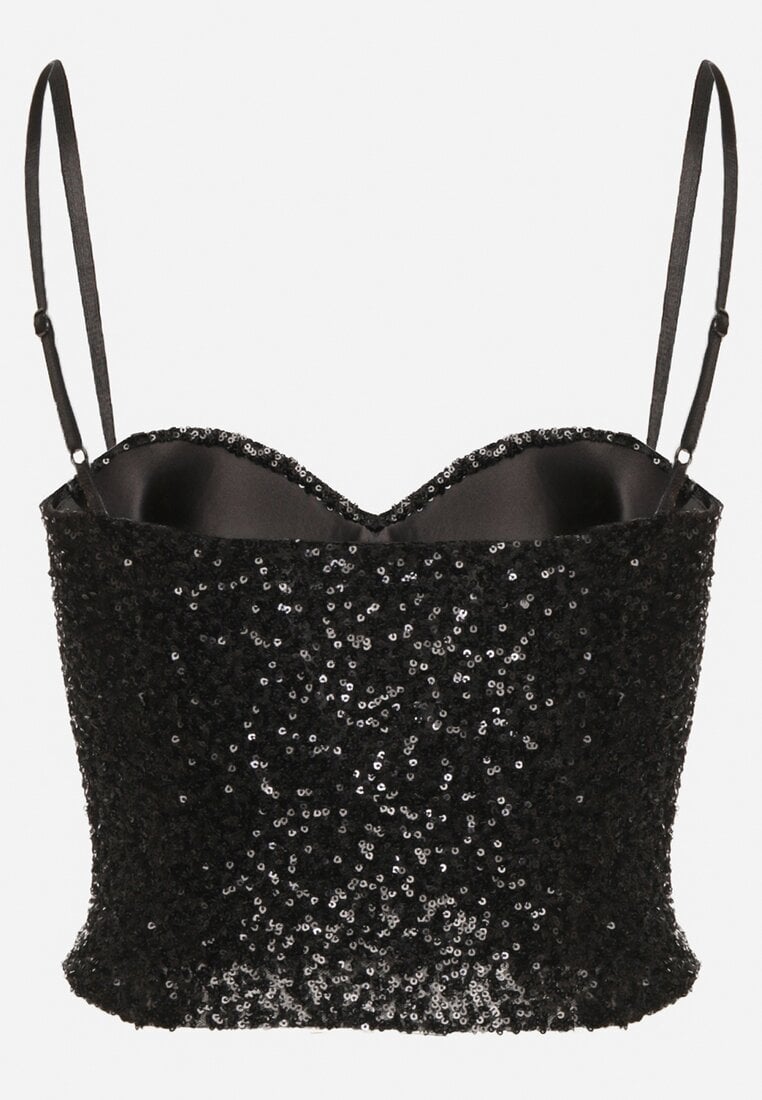 Czarny Top na Ramiączkach z Dekoltem w Kształcie Serca Zdobiony Cekinami Senelle