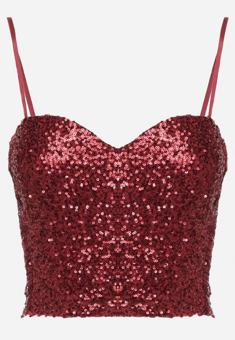 Bordowy Top na Ramiączkach z Dekoltem w Kształcie Serca Zdobiony Cekinami Senelle