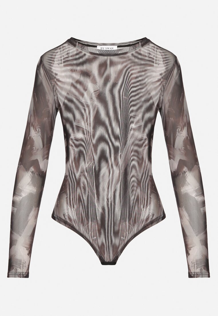Brązowe Dopasowane Body Longsleeve z Siateczkowego Materiału z Wiskozą Listaria