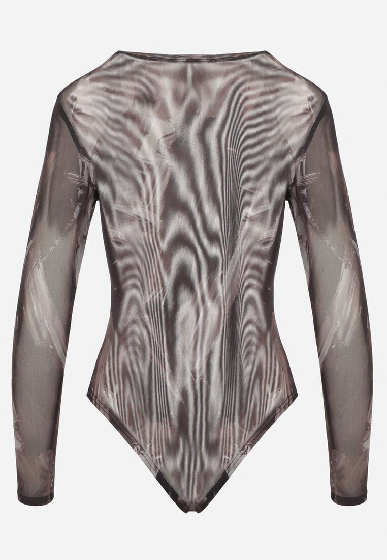 Brązowe Dopasowane Body Longsleeve z Siateczkowego Materiału z Wiskozą Listaria