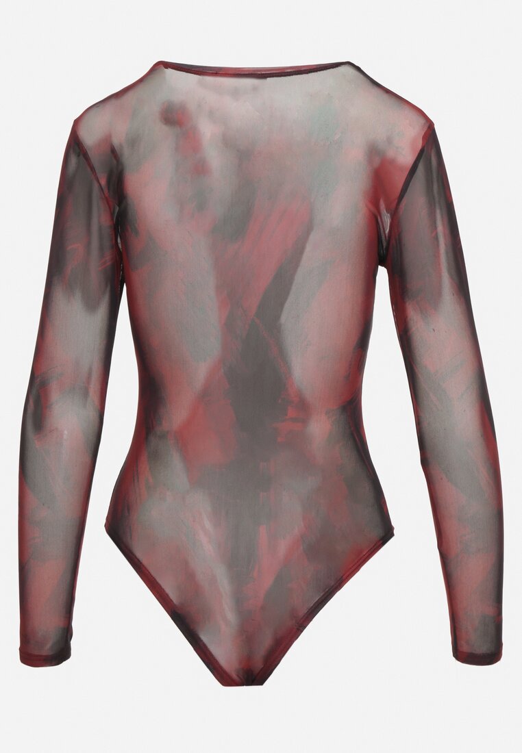 Bordowe Dopasowane Body Longsleeve z Siateczkowego Materiału z Wiskozą Listaria