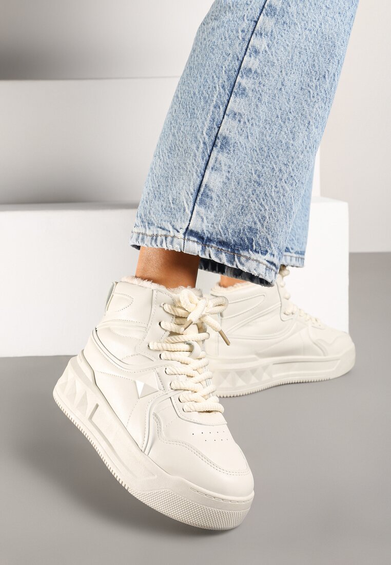 Beżowe Sneakersy za Kostkę z Futrzaną Wyściółką Emindria